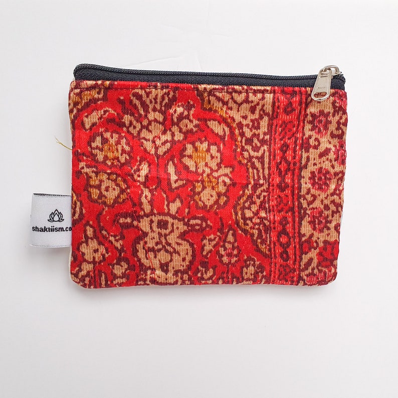 natural ink ethically handmade in India organic cotton upcycled sari fabric zipper pouch Vintage sari coin purse small wallet