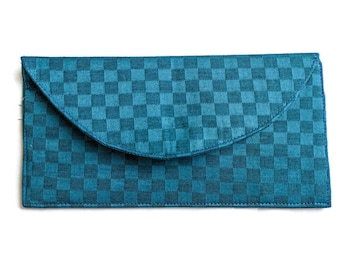 Blau karierte handgemachte Sari Clutch Tasche, Abendtasche mit Magnetverschluss und Innentasche, ethisch handgefertigt in Indien