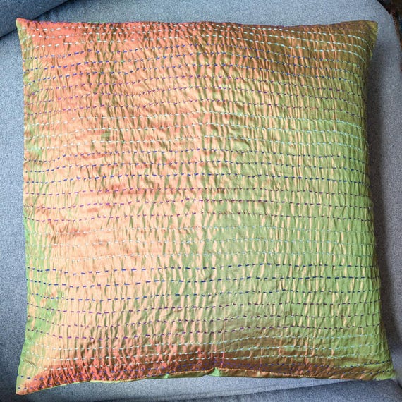 Luxurious Silk Kantha Cushion Cover: Iridescent Sari Fabric throw Pillow with kantha stitching, Fair Trade Handmade in Bangladesh