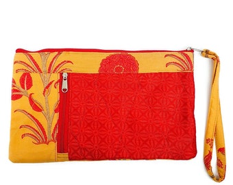 Portefeuille de poignet sari, matériaux recyclés, pochette faite main, portefeuille de voyage, portefeuille porte-cartes, poche pour téléphone, pochette, cadeaux respectueux de l'environnement