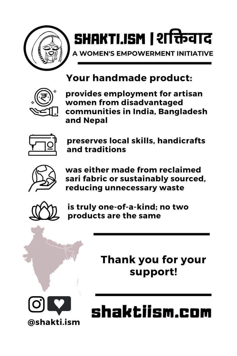 May include: White graphic with the text "SHAKTI.ISM | शक्तिवाद" and a logo. The text describes a women's empowerment initiative that provides employment for artisan women from disadvantaged communities in India, Bangladesh, and Nepal.