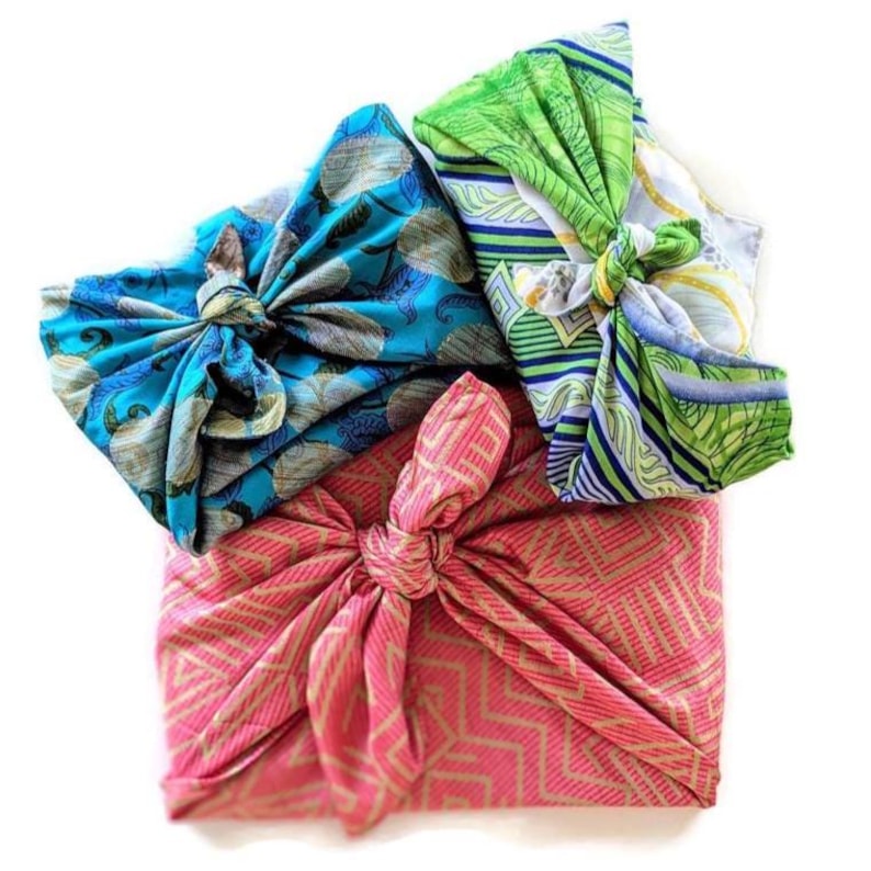 gifts wrapped in reusable sari gift wrap