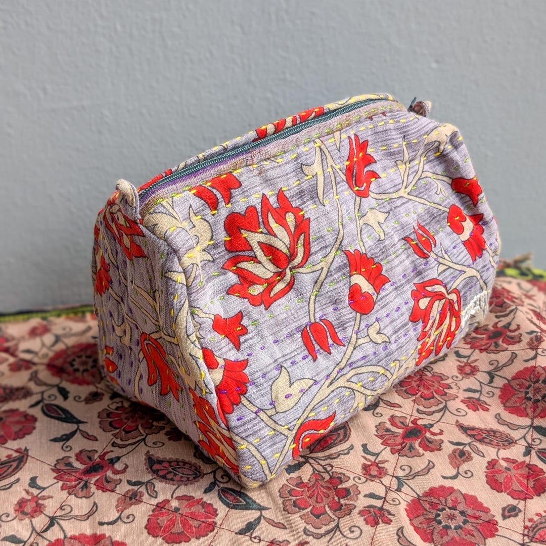 Upcycled Sari Makeup Bag: Ethically Handmade Kantha Stitch