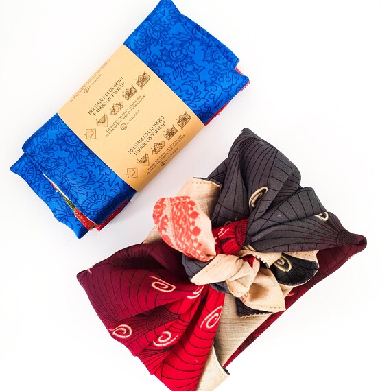 Set of 2 sari gift wraps, handmade upcycled furoshiki cloth, eco friendly gift wraps, reusable wrapping cloths ethically handmade in India