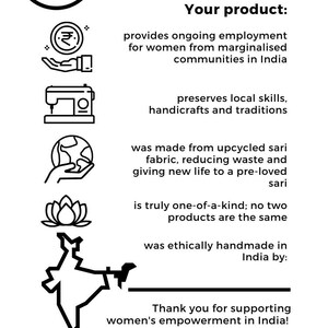 May include: Black and white illustration of a woman's empowerment initiative called "Shakti.ism" with the tagline "A Women's Empowerment Initiative". The illustration features a woman wearing a traditional Indian outfit, a hand holding a rupee symbol, a sewing machine, a hand holding a globe, a lotus flower, and a map of India. The text "Your product" is written in bold letters, followed by a list of bullet points describing the product's features. The text "Thank you for supporting women's empowerment in India!" is written in bold letters. The text "Join us on our journey of women's empowerment at shaktiism.com" is written in bold letters.
