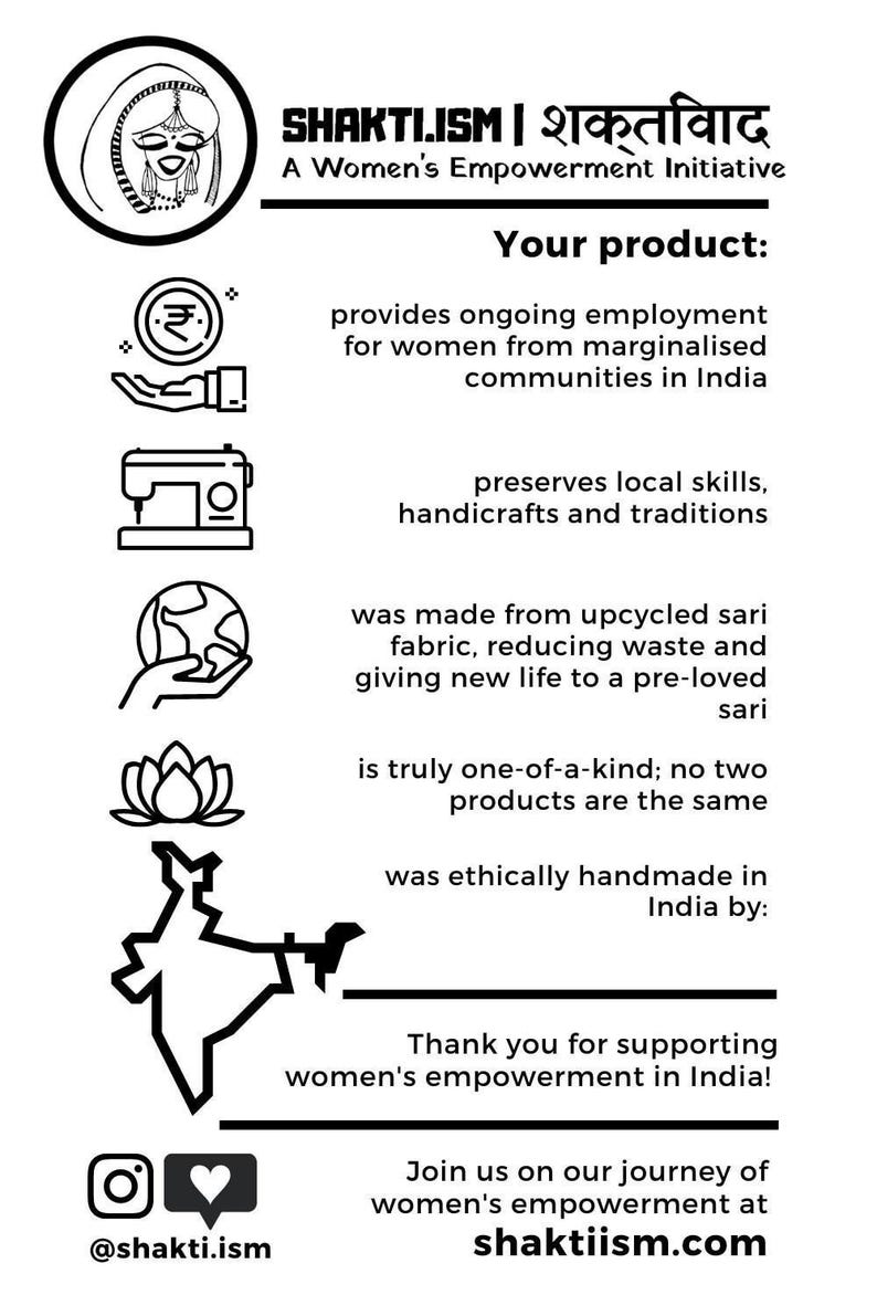 May include: Black and white illustration of a woman's empowerment initiative called "Shakti.ism" with the tagline "A Women's Empowerment Initiative". The illustration features a woman wearing a traditional Indian outfit, a hand holding a rupee symbol, a sewing machine, a hand holding a globe, a lotus flower, and a map of India. The text "Your product" is written in bold letters, followed by a list of bullet points describing the product's features. The text "Thank you for supporting women's empowerment in India!" is written in bold letters. The text "Join us on our journey of women's empowerment at shaktiism.com" is written in bold letters.