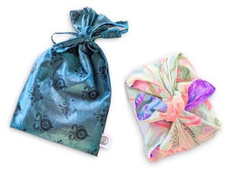 Upcycled Sari Gift Wrap Bundle: Reusable Furoshiki Cloth Bag Set