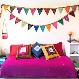 Handgemachte Sari Flaggengirlande: Bunte Fair Trade Wimpelkette, Handgemacht in Indien (2m hoch)