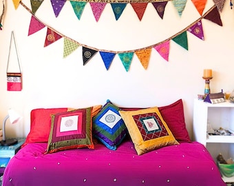 Colourful Sari Flag Garland, Fair Trade Eco Bunting, Pennant Chain of Upcycled Cotton, Ethically Handmade in India, 200cm, ships from the EU
