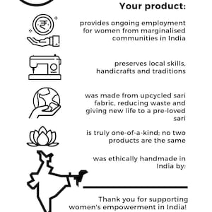 May include: A black and white graphic promoting Shaktiism, a women's empowerment initiative. The text highlights the product's features: employment for marginalized women, preservation of local skills, upcycled sari fabric, and ethical handmade production in India.