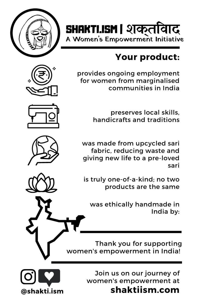 May include: A black and white graphic promoting Shaktiism, a women's empowerment initiative. The text highlights the product's features: employment for marginalized women, preservation of local skills, upcycled sari fabric, and ethical handmade production in India.