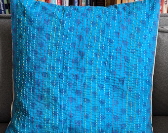Hand Stitched Kantha Cushion Cover: Upcycled Sari Fabric, Ethically Handmade