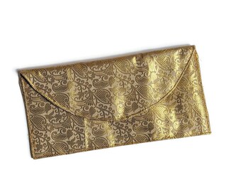 Gold sari clutch, handmade purse, evening bag, sari fabric, date night bag, envelope clutch, eco friendly, ethical gifts, mothers day gifts