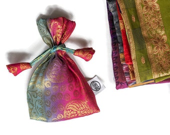 Handmade sari gift bags, drawstring bags, reusable gift bags, handmade pouch, jewellery pouch, potli bags, eco friendly gifts, ethical gifts