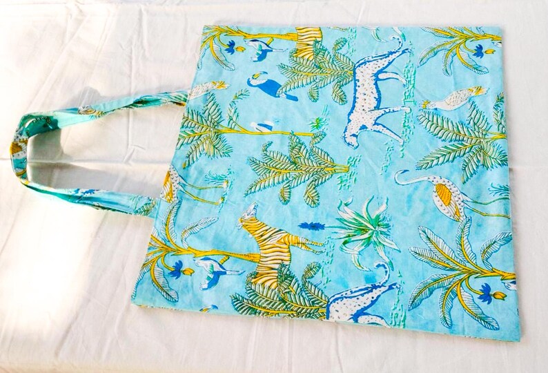 May include: A light blue tote bag with a repeating pattern of yellow palm trees, white and blue animals, and other tropical elements. The bag has a matching blue handle and is made of fabric.