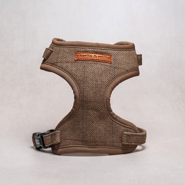 Tweed Adjustable Dog Harness | Brown Herringbone