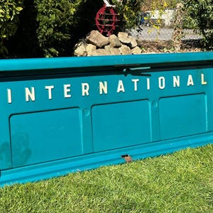 May include: A teal-colored vintage truck tailgate with the word "INTERNATIONAL" in white block letters. The tailgate has a rectangular shape with three recessed panels. The background is green grass and foliage.