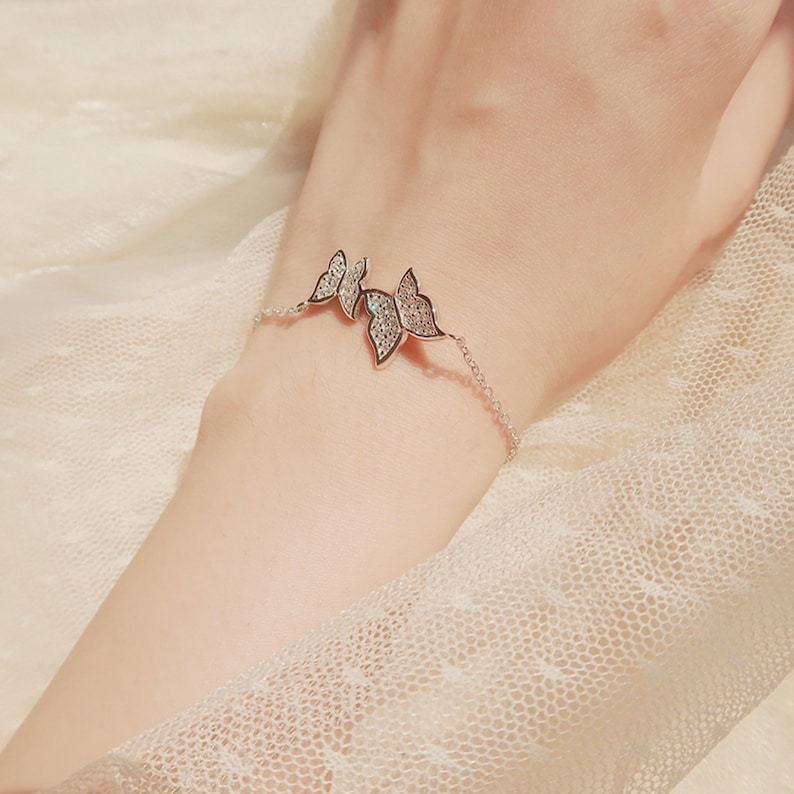 Gift for sister Nature Bracelet Gift Ideas Cubic Zirconia Sterling Silver Bracelet Dainty Silver Butterfly Bracelet Gift for mum