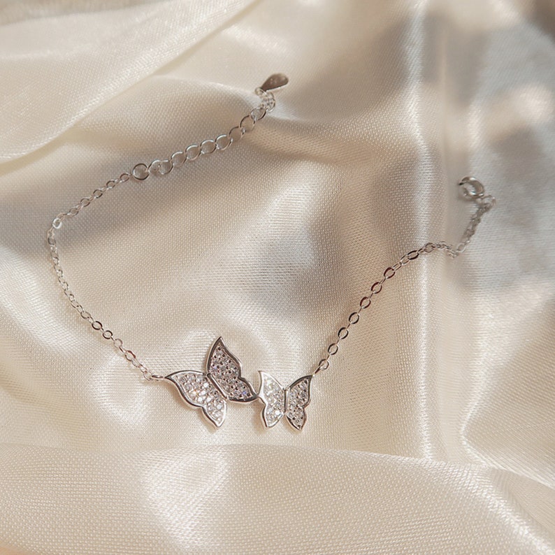 Gift for sister Nature Bracelet Gift Ideas Cubic Zirconia Sterling Silver Bracelet Dainty Silver Butterfly Bracelet Gift for mum