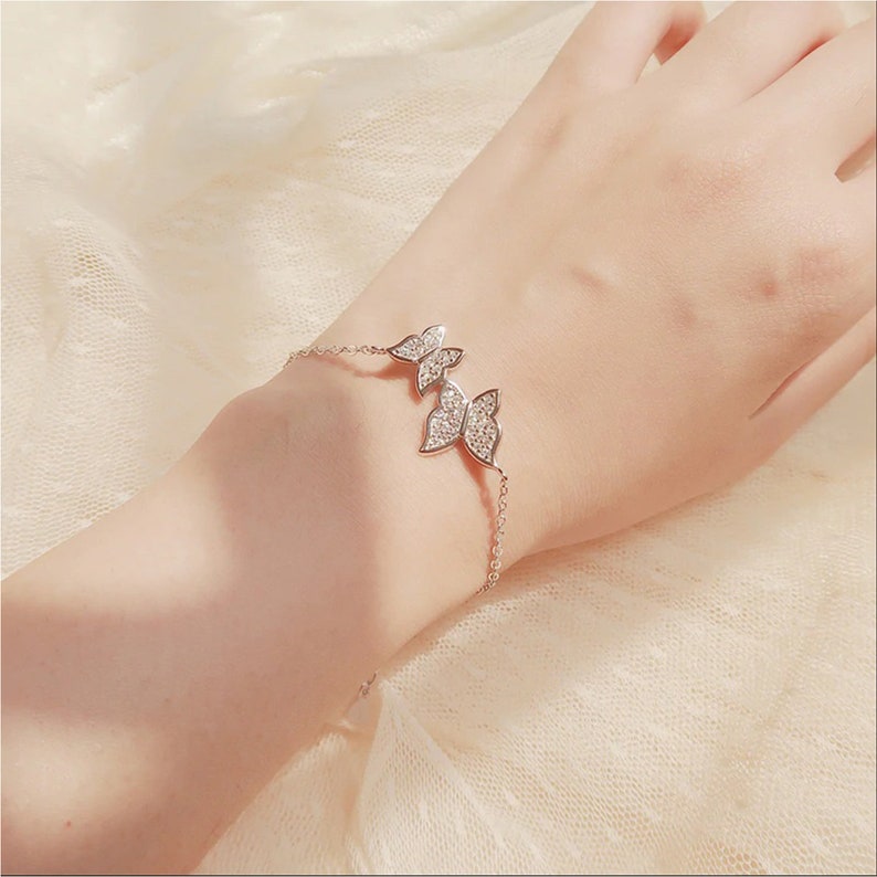 Gift for sister Nature Bracelet Gift Ideas Cubic Zirconia Sterling Silver Bracelet Dainty Silver Butterfly Bracelet Gift for mum