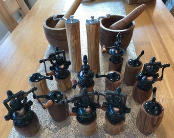 Handmade Vintage Style Salt & Pepper Mills on a Handturned Wooden Base