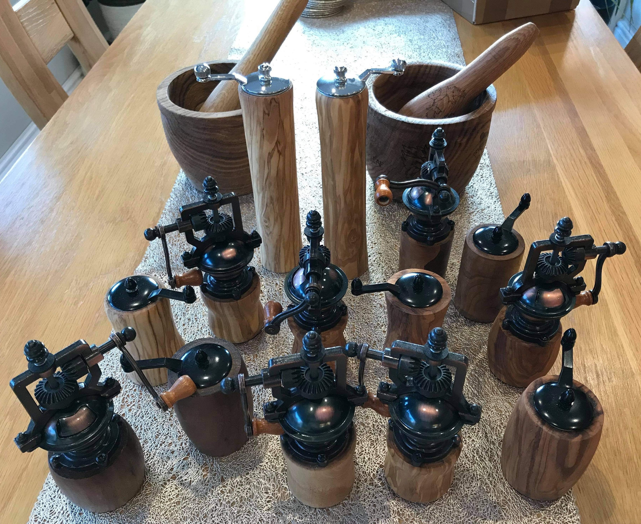 Handmade Vintage Style Salt & Pepper Mills on a Handturned Wooden Base
