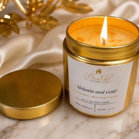 Melanin and Gold - 9 oz Cocoa Butter Cashmere Soy Candle| Warm Vanilla Amber Scent| Gold Tin| Black Woman Owned| Gift Idea