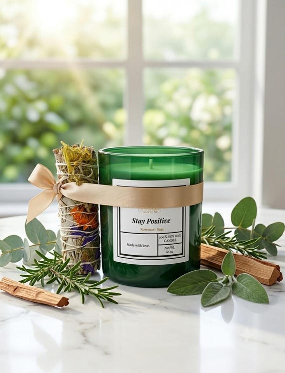 Stay Positive Candle - 10 oz Rosemary Sage Soy Candle - Green Glass Jar - Clean Herbal Aromatherapy - Uplifting Self Care Gift