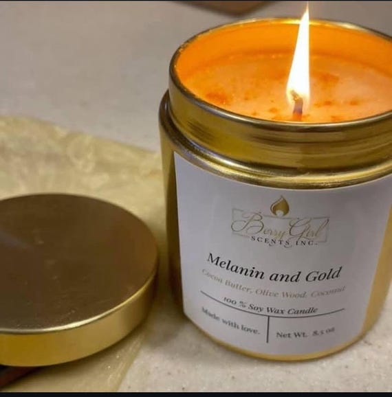 Melanin and Gold - 9 oz Cocoa Butter Cashmere Soy Candle| Warm Vanilla Amber Scent| Gold Tin| Black Woman Owned| Gift Idea