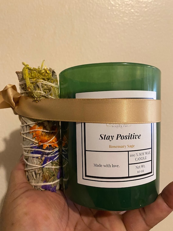 Stay Positive Candle - 10 oz Rosemary Sage Soy Candle - Green Glass Jar - Clean Herbal Aromatherapy - Uplifting Self Care Gift