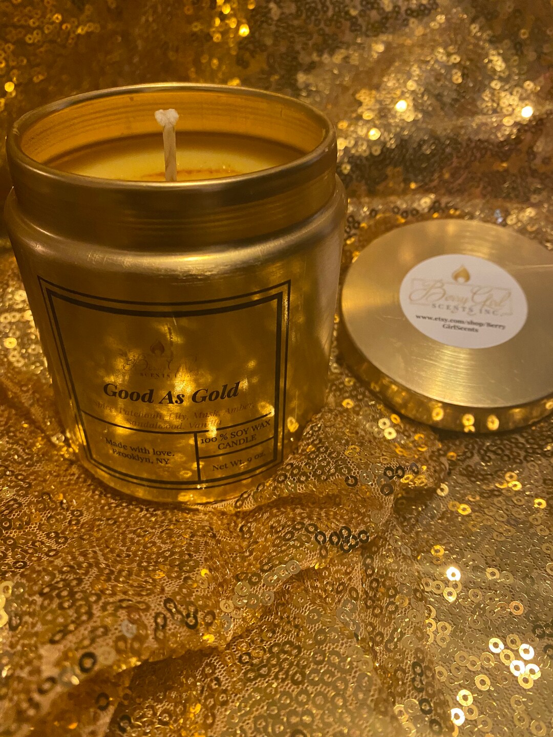 Hand Poured 100 Soy Candle Egyptian Amber Scented Super Chic Gold Metallic Glam Tin 9 Oz. good
