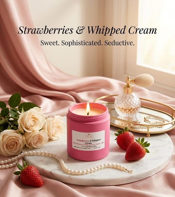 Strawberries & Whipped Cream Candle | Luxury Pink Candle | Feminine Self Care Candle | Romantic Home Fragrance | Flirty Strawberry Scent | G