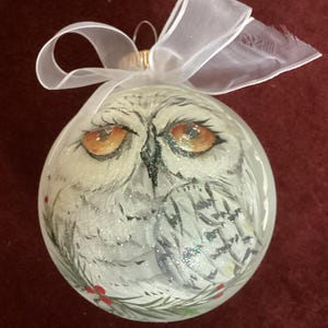 Hand painted glass Christmas bulb with an owl