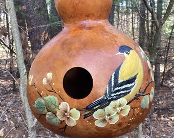 Hand painted Gourd birdhouse with a yellow goldfinch