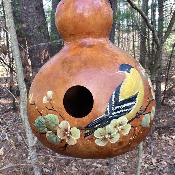 Hand painted Gourd birdhouse with a yellow goldfinch