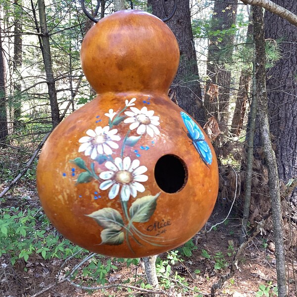 Hand painted gourd birdhouse with daisies