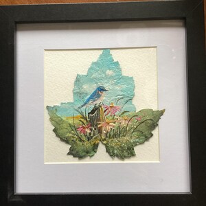 Hand painted real leaf painting with a bluebird