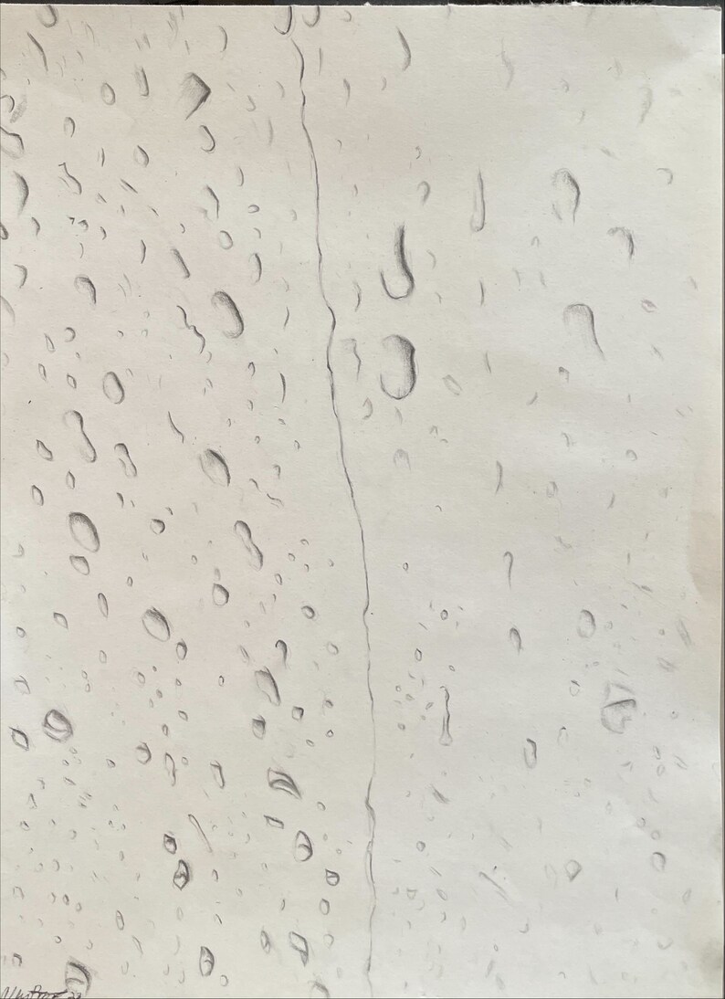 May include: A pencil drawing of raindrops on a window pane. The raindrops are drawn in various sizes and shapes, and the drawing is done in shades of gray.
