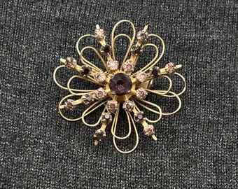 VTG Mid Century Coro Floral Brooch, Gold Tone & Purple Stones, Signed