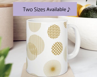 Geometric Pattern Mug, Japanese traditional golden circle, 11/15oz, Coffee cup, Tea drinkholder, Minimalist Simple Drawing, Elegant