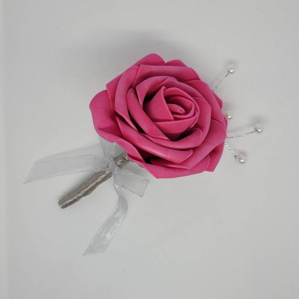 CHOOSE COLOR! Fuchsia real feel rose boutonniere, wedding,groom,groomsmen, prom,flowers,brides,bridal,bridesmaids, rose, pink,gray,silver