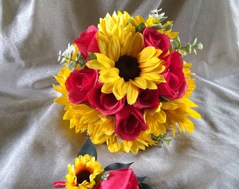 Red rose, sunflower bouquet,rose corsage, sunflower boutonniere, groomsmen, groom, wedding, flowers, bridal, prom