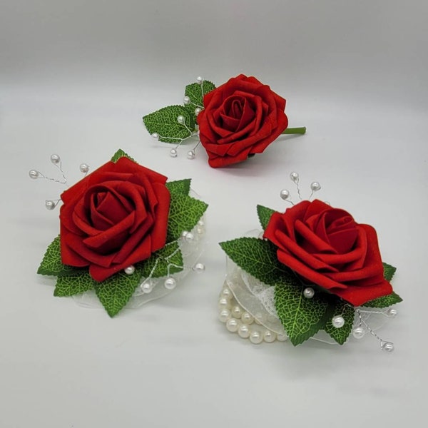 Beautiful red rose wrist corsage, bridesmaids, bridal, moh,mother in law, wedding flowers, prom,party flowers, baby shower, funeral, bride