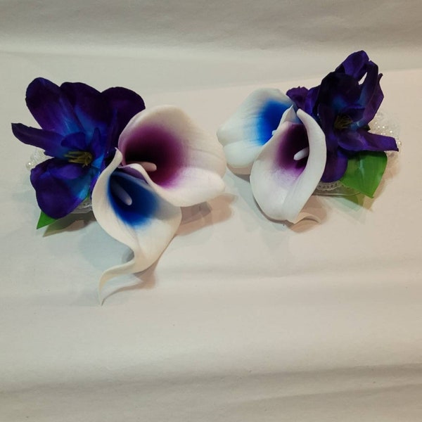 Purple, blue Picasso real feel calla lily wrist corsage, orchids,tropical,  wedding, bridesmaids, prom,bridal shower,pearl bracelet,bridal