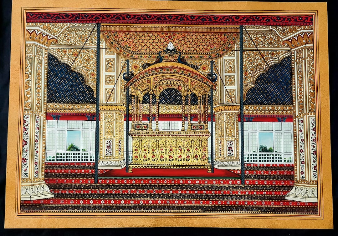 Illuminated Mughal Mogul Miniature Painting Peacock Throne Shah Jahan