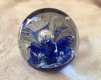 Vtg Cobalt Blue Firework Bubble Art Glass Sphere Paperweight