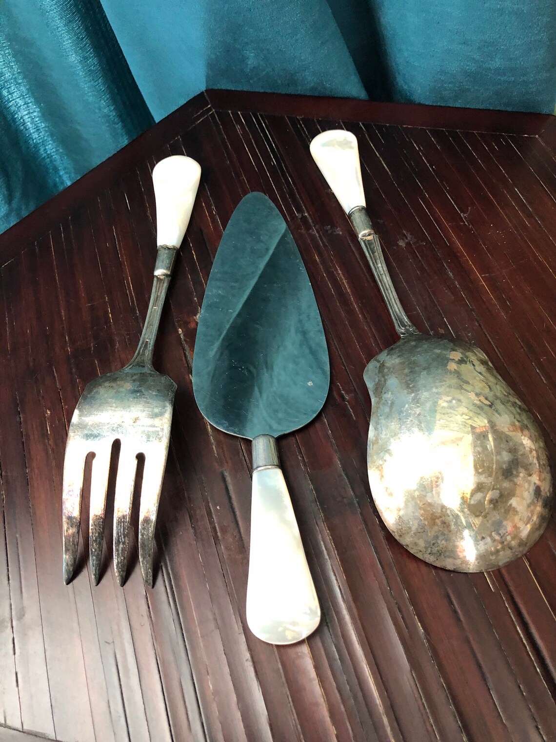 Vtg Sterling 3 Piece Serving Utensil Set with Mother of Pearl Etsy