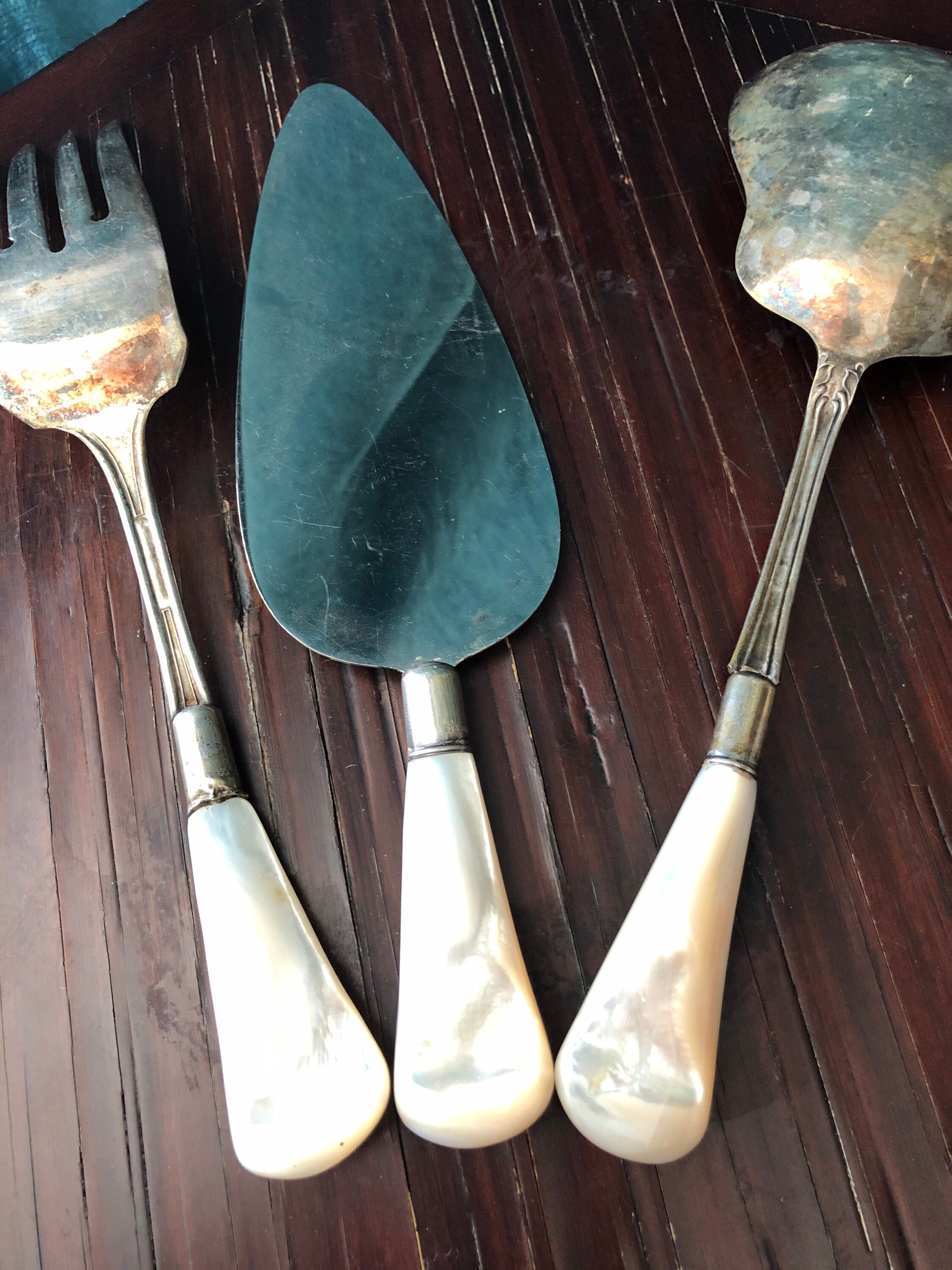 Vtg Sterling 3 Piece Serving Utensil Set with Mother of Pearl Etsy