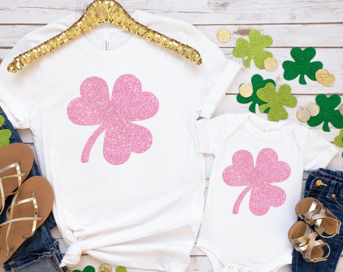 Glitter Shamrock TShirt, Pink Glitter Shirt, Toddler St Patricks Day Shirt for Women and Girl, Mommy and Me Outfits, Irish Gift Mom Daughter