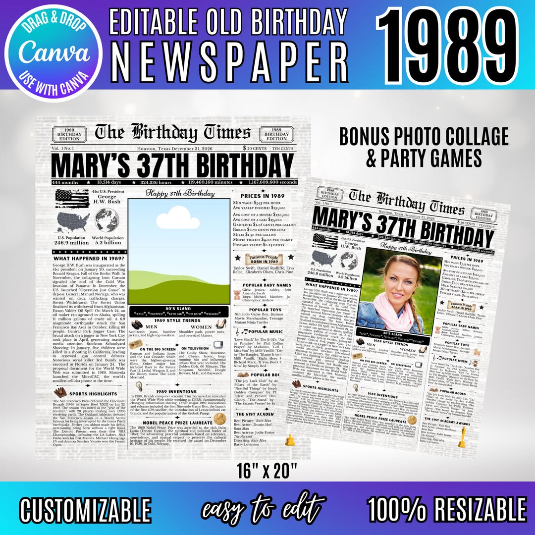 Editable Birthday Newspaper Template Canva, Custom Birth Year Facts ...